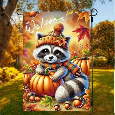 1 PC, 2D Flat Autumn Hat Raccoon Pumpkin Decorative Garden flag 18x12 inches (45x30cm), fashionable 2D pattern, autumn Thanksgiving, Halloween, Christmas garden flag, home, outdoor, courtyard, lawn,