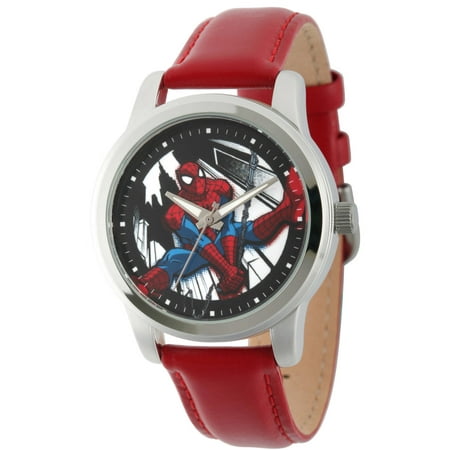 Marvel Ultimate Spider-Man Men's Silver Alloy Watch, Red Leather Strap