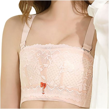 

Women Petite Plus Size Bandeau Bra Floral Lace Wireless Underwear Comfy Daily Bras with Extender and Removable Strap