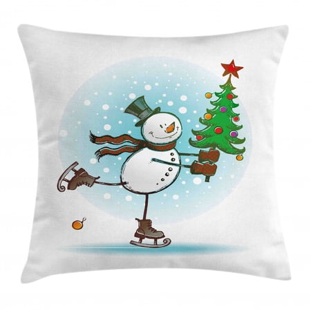 Snowman Throw Pillow Cushion Cover, Hand Drawn Style Skating Snowman with Christmas Tree and Hat Cold Winter Snowfall, Decorative Square Accent Pillow Case, 18 X 18 Inches, Multicolor, by Ambesonne