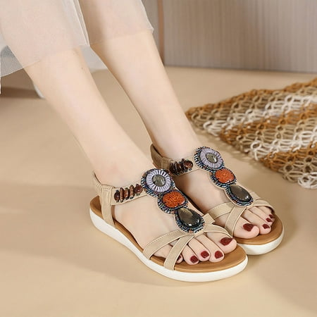 KBODIU Sandals Women Athletic Comfortable Outdoor Sandals with Arch Support Walking Sandals Summer Sandals For Flat Slip On Sandals Crystal Roman Open Toe Casual Sandals Beige 38
