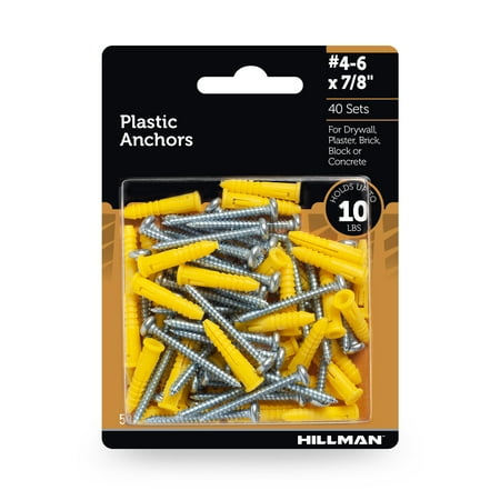 Hillman Plastic Anchors with Screws #4-6 Holds up 10lbs 40 Sets