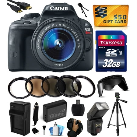 Canon EOS Rebel SL1 Digital SLR with 18-55mm STM Lens with 32GB Memory + Flash + Extra Battery + Charger + Filters + Card Reader + Grip Strap + HDMI Mini Cable + Cleaning Kit + $50 Gift Card 8575B003 Canon EOS Rebel SL1 Digital SLR with 18-55mm STM Lens with 32GB Memory + Flash + Extra Battery + Charger + Filters + Card Reader + Grip Strap + HDMI Mini Cable + Cleaning Kit + $50 Gift Card 8575B003