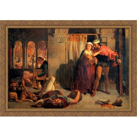 Eve of Saint Agnes; The Flight of Madeleine and Porphyro during the Drunkenness attending the Revelry 38x28 Large Gold Ornate Wood Framed Canvas Art by William Holman Hunt