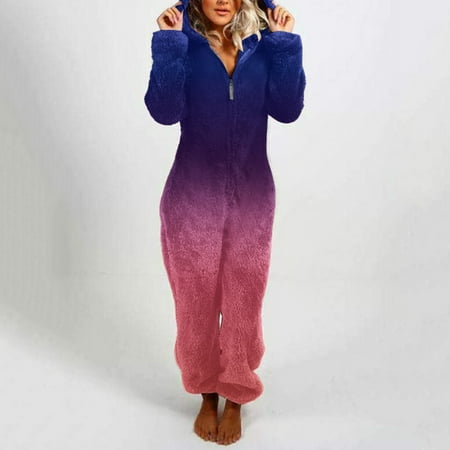 FZM Women Long Sleeve Hooded Jumpsuit Pajamas Casual Winter Warm Rompe Sleepwear