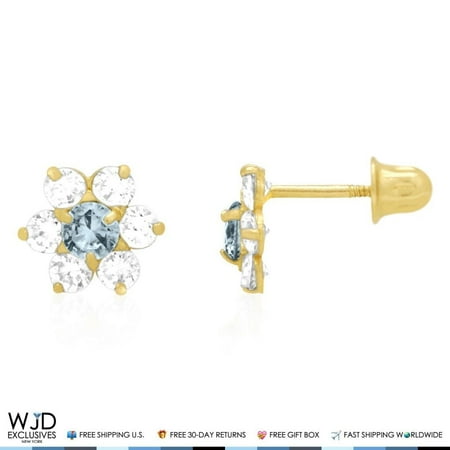 14k Solid Yellow Gold Aquamarine And Diamond Flower Cluster Screwback Stud Earrings 0.70Ct