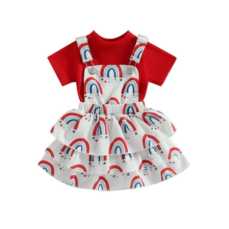 Newborn Infant Baby Girl July 4th Outfit Clothes Short Sleeve High Collar Romper Suspender Cake Skirt Dress