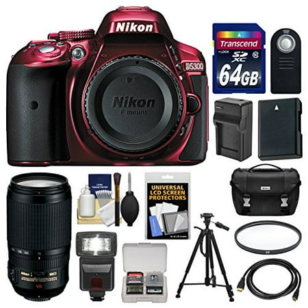 Nikon D5300 Digital SLR Camera Body (Red) with 70-300mm VR Zoom Lens + 64GB Card + Case + Flash + Battery & Charger + Tripod Kit