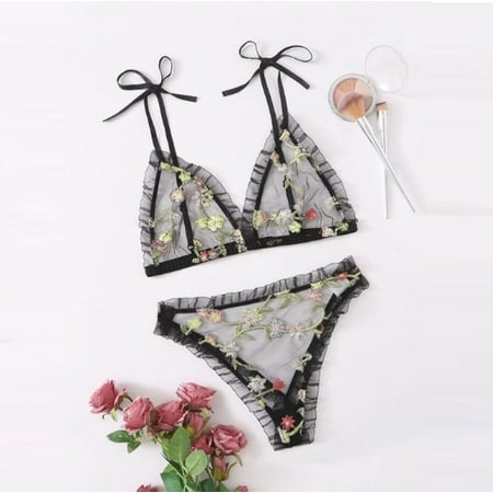 VONCOS Women s Lace Sexy Erotic Underwear Sexy See-Through Lace Embroidery Mesh Bow Suspenders Underwear Pajamas Set
