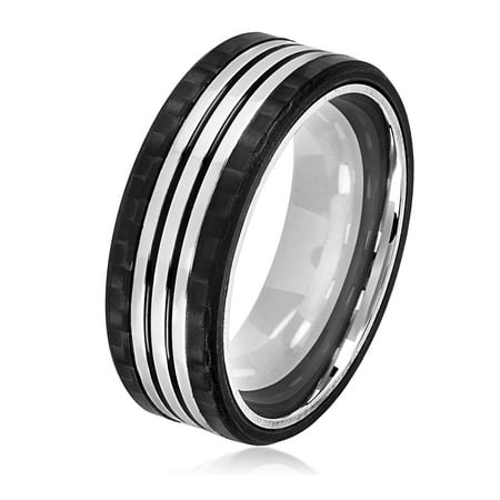 Stainless Steel Carbon Fiber Striped Comfort Fit Ring (8mm)
