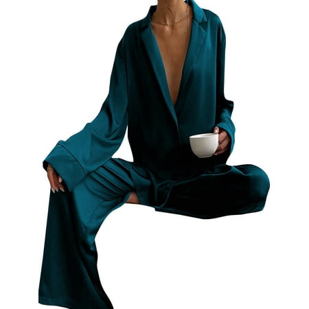 Glonme Women Sleepwear Button Down Pajamas Sets Lapel Collar Nightwear Home Clothes Two Pieces Outfits Lounge Set Faux Silk Solid Color Blue Green S
Glonme Women Sleepwear Button Down Pajamas Sets Lapel Collar Nightwear Home Clothes Two Pieces Outfits Lounge Set Faux Silk Solid Color Blue Green S