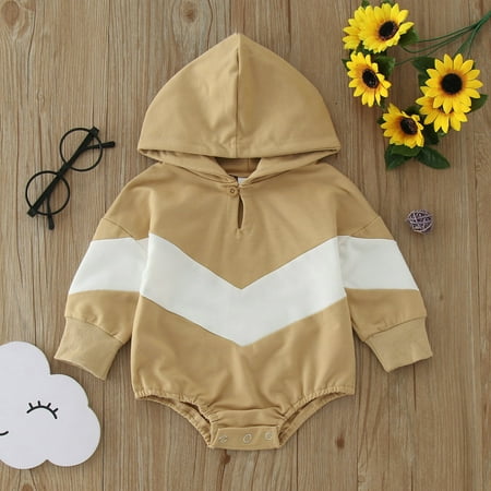 Baby Girls Boys Floral Autumn Hooded Patchwork Long Sleeve Romper Bodysuit Clothes Khaki 70