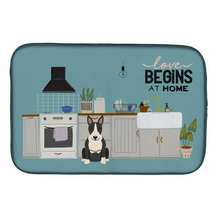 14 x 21 in. Black White Bull Terrier Kitchen Scene Dish Drying Mat