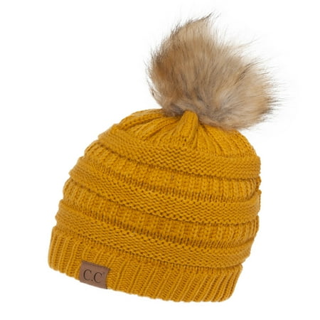 Gravity Threads Cable Knit Faux Fur Pom Pom Beanie Hat