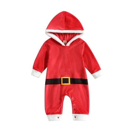 Toddler Baby Girls Boys Casual Christmas Jumpsuits Red Long Sleeve Velvet Hooded Rompers