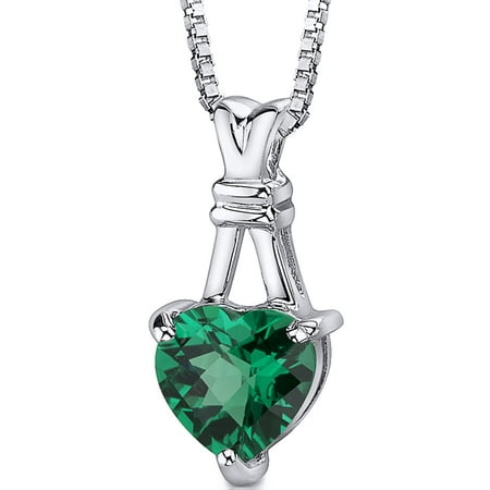 Peora 3.00 Ct Heart Shape Simulated Emerald Rhodium-Plated Sterling Silver Pendant, 18