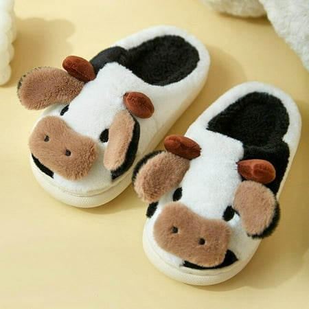 PIKADINGNIS Soft Cute Cow Cotton Slippers Winter Students Home Non-Slip Slippers Winter Warm Couple Cartoon Milk Cow Fluffy Fur Slippers
