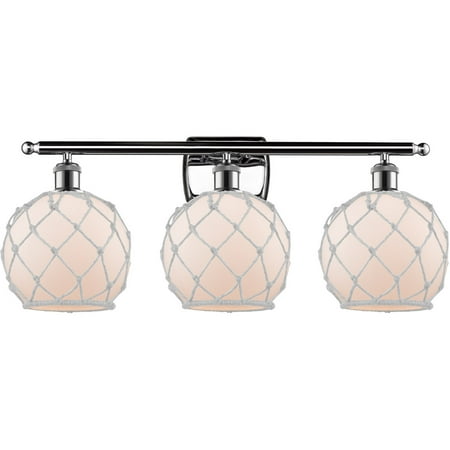 Polished Chrome Tone Bathroom Vanity 26 Wide White with White Rope Glass Steel/Cast Brass Medium Base LED 3 Light Fixture
Polished Chrome Tone Bathroom Vanity 26 Wide White with White Rope Glass Steel/Cast Brass Medium Base LED 3 Light Fixture