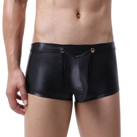 iOPQO underwear For men Men s Sexy Low Waisted Opening Imitation Leather Underwear Comfortable Underwear Black + XL