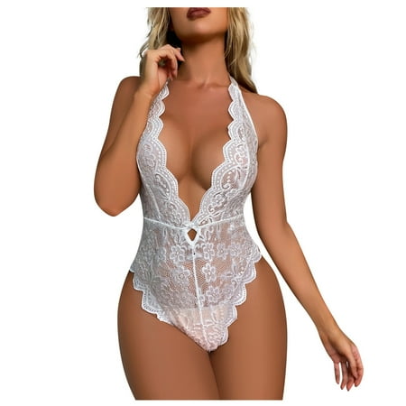 

YDKZYMD Womens White Lingerie Set Lace Sexy Bodysuit Nightdress Deep V Neck Teddy Babydoll Eyelash Lingerie One Piece S-XXL