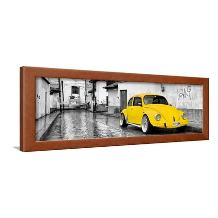 ¡Viva Mexico! Panoramic Collection - Yellow VW Beetle Car in San Cristobal de Las Casas Framed Print Wall Art By Philippe Hugonnard