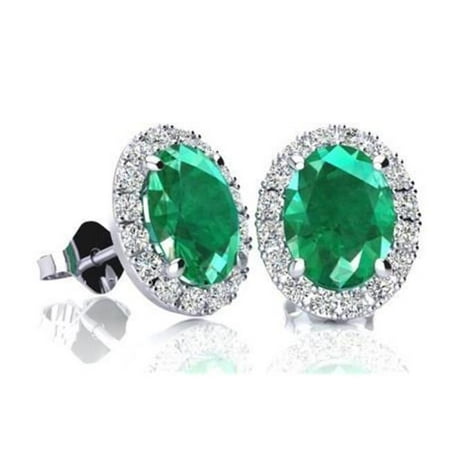 Harry Chad Enterprises 54717 13 Carat Green Oval Cut Emerald with Halo Diamond Stud Earring - 14K White Gold