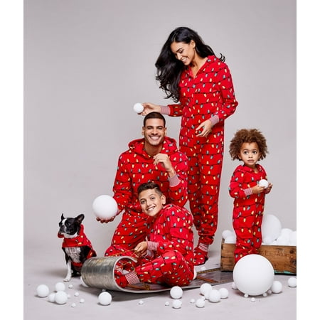 Christmas Pajamas Onesis Parent-Child Matching Sleepwear Jumpsuit String Lights Pattern Zipper Xmas Romper with Hood for Family
