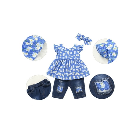 Baby Girl Fashion Summer Outfit Dress Denim Ripped Pants 3PCS Infant Toddler Clothes Set 
Baby Girl Fashion Summer Outfit Dress Denim Ripped Pants 3PCS Infant Toddler Clothes Set