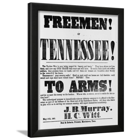 Poster Seeking Confederates Against Union Army Invading Tennessee Framed Print Wall Art