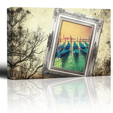 wall26 - Vibrant Image of a Boat Harbor Being Framed and Placed on an Antique Background with Trees - Canvas Art Home Decor - 24x36 inches