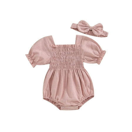 Qtinghua Newborn Baby Girls Jumpsuit Short Sleeve Square Neck Shirred Romper with Headband Summer Clothes Pink 3-6 Months
Qtinghua Newborn Baby Girls Jumpsuit Short Sleeve Square Neck Shirred Romper with Headband Summer Clothes Pink 3-6 Months