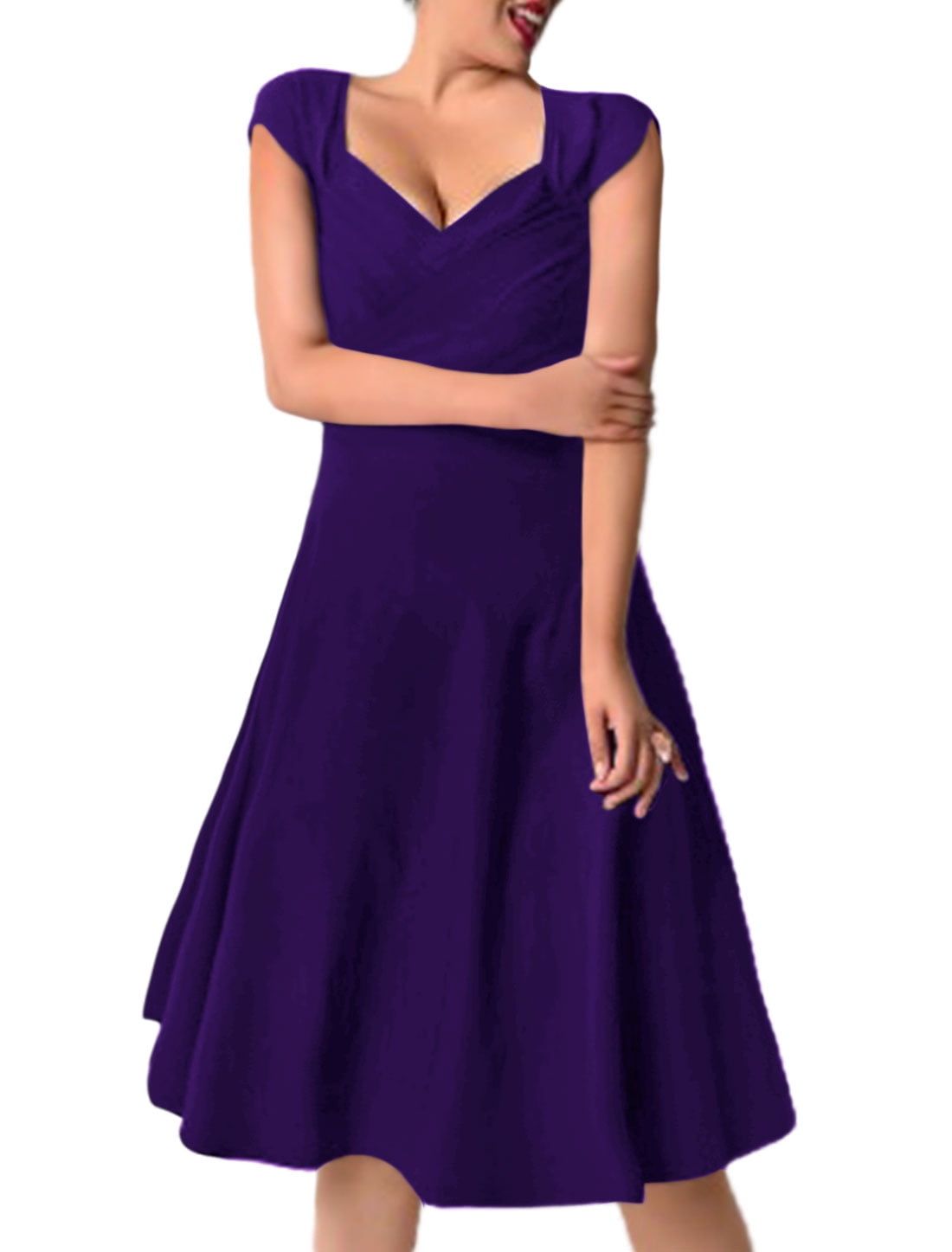 Women Ruched Asymmetric Neck Below Knee Fit and Flare Dress Purple L