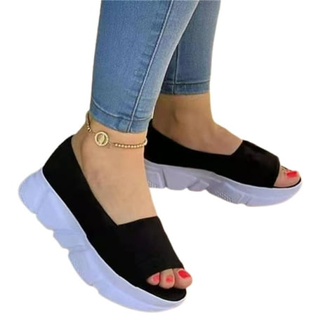 Women\ s Platform Sandals Peep Toes Thick Sole Flat Heel Summer Slip-on Shoes