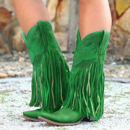 BTJX Women s Leather Toe Tassel Low-heeled Shoes Western Cowboy Boots