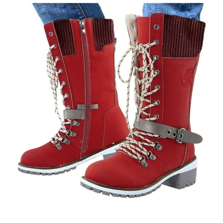 TALKVE Womens Ladies Fashion Heels Lace Up Round Toe Solid Boots Shoes