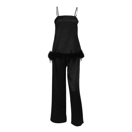 Qiylii 2 Pcs Women Satin Pajamas Set Solid Color Spaghetti Strap Fur Hem Camisole + Trousers
Qiylii 2 Pcs Women Satin Pajamas Set Solid Color Spaghetti Strap Fur Hem Camisole + Trousers
