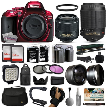 Nikon D5300 Red DSLR Digital Camera with 18-55mm VR II + 55-200mm VR Lens + 128GB Memory + (2) Batteries + Charger + LED Video Light + Backpack + Case + Filters + Auxiliary Lenses + $50 Gift Card