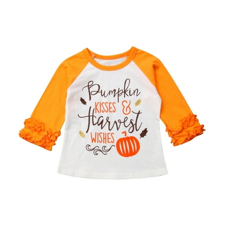 Seyurigaoka Girl s Long Ruffle Sleeve Letter Pumpkin Print Patchwork Blouse