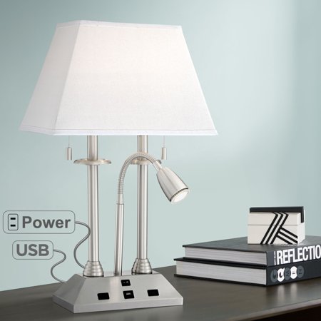 Possini Euro Design Modern Desk Lamp with USB and AC Power Outlet in Base Brushed Nickel LED Reading Light for Bedroom Office