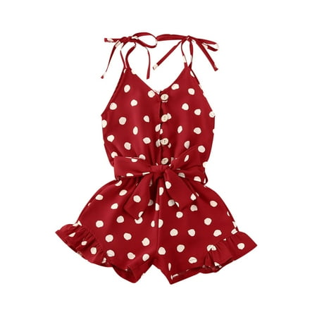 Kiapeise Girls Polka Dot Playsuit with Belt Ruffles Strap Jumpsuit