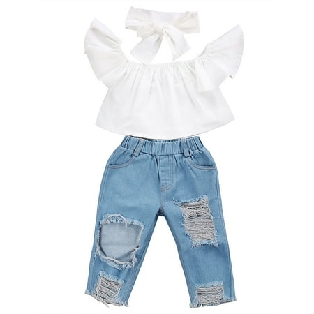 BrilliantMe 3Pcs Toddler Girl Off Sloulder Top Ruffle Blouse Blue Ripped Long Jeans Bowknot Headband Sets
BrilliantMe 3Pcs Toddler Girl Off Sloulder Top Ruffle Blouse Blue Ripped Long Jeans Bowknot Headband Sets