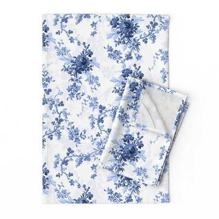 Blue Floral China Pattern Ink Linen Cotton Tea Towels by Roostery Set of 2