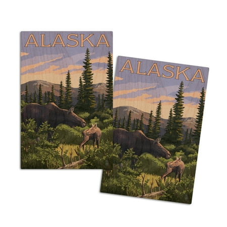 Alaska Moose and Baby (4x6 Birch Wood Postcards 2-Pack Stationary Rustic Home Wall Decor)