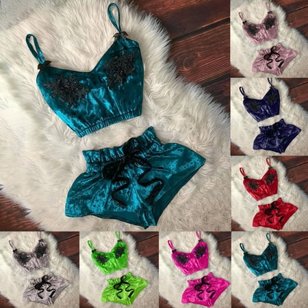 2 Piece Lingerie for Women Lace Lingerie for Women Valentines Lingerie for Women Valentines Day Gifts Women V-Neck Eyelash Beaded Sexy Stain Camisole Pajamas Bowknot Shorts Set Lingerie Plus Size