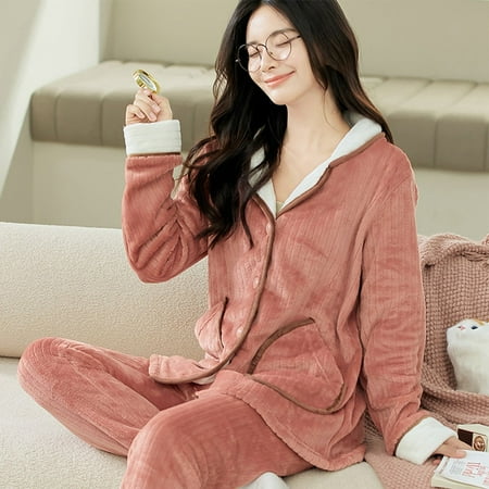 Pyjamas Set Womens Flannel Fleece Bottoms Top Loungewear Nightwear Set Home Wear