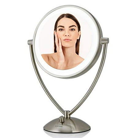 Ovente 9.5” Lighted Tabletop Cosmetic Mirror, Battery or USB Adapter Operated, Nickel Brushed (MLT45BR1X10X)