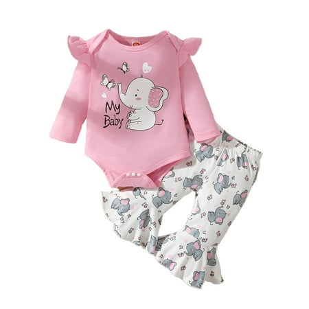 uukiA 3-24 Months Girl Toddler Elephant Print Romper Flared Pants 2PK Set