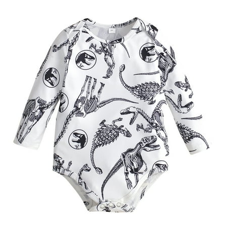 Newborn Baby Boy Clothes Infant Boy Outfits Long Sleeve Romper One Piece Jumpsuit Dinosaur Print Clothing White 3-6 Months