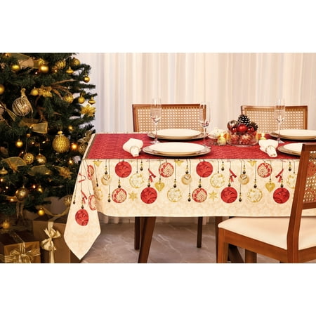 Christmas Holiday Printed Tablecloth with ornaments offset by Metallic Gold Tones and Earthy Accents
Christmas Holiday Printed Tablecloth with ornaments offset by Metallic Gold Tones and Earthy Accents