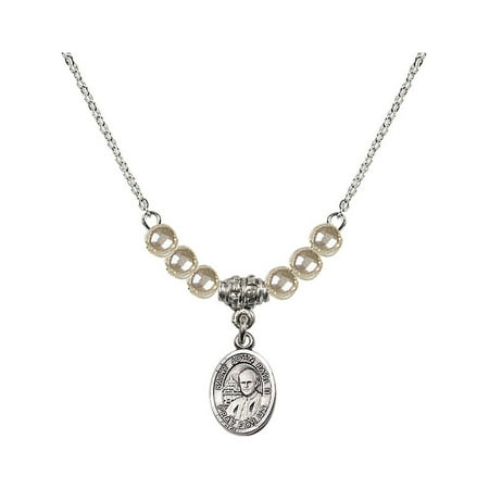 18-Inch Rhodium Plated Necklace with 4mm Faux-Pearl Beads and Saint John Paul II Charm